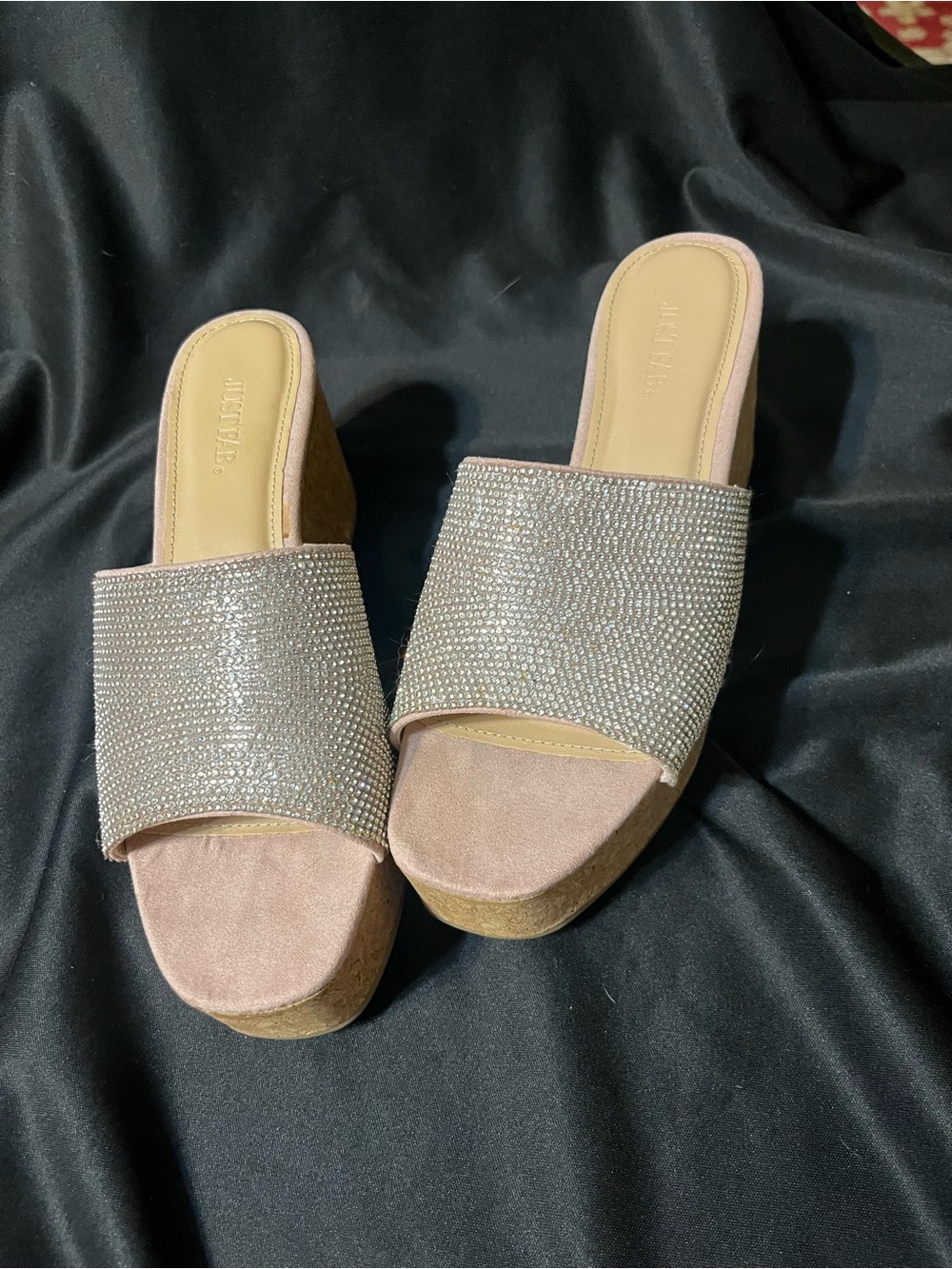 JustFab Pink Crystal-Embellished Wedge Slides